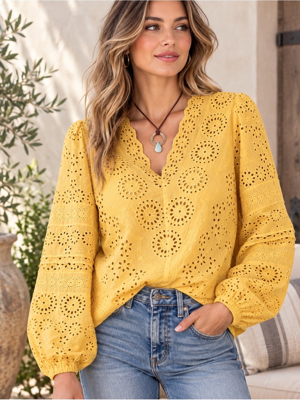 Tolani Yellow Eyelet Cotton Balloon Sleeve V-Neck Blouse Size M